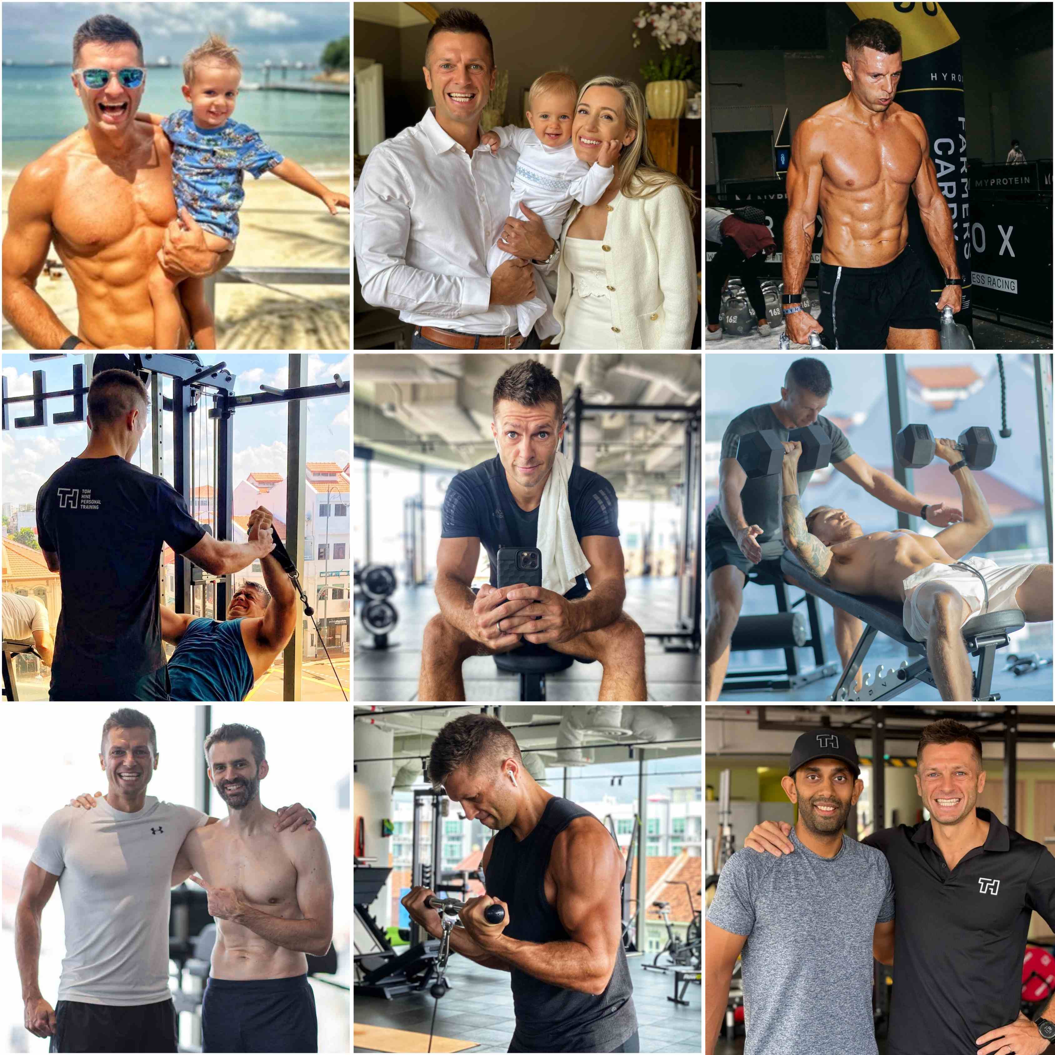 Tom Hine collage showing personal life, fitness results, and client training sessions